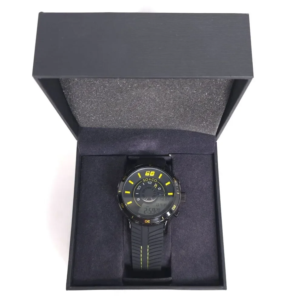 SO & CO NY New Mens Watch Analog Digital Black Yellow Sport 100M Water Resistant